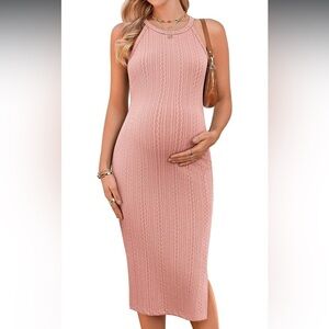 Ekouaer Maternity Dress Rib Knit Side Slit Stretchy Bodycon Pregnancy Dress